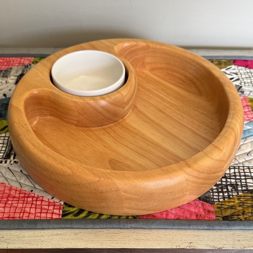 Crate&Barrel Natural Wood Serving Tray with White Bowl